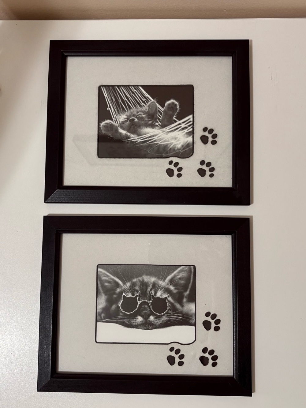 Black Framed Cat Paw Cutout Matted Cat Wall Art - Set of Two - Pets Cat Decor